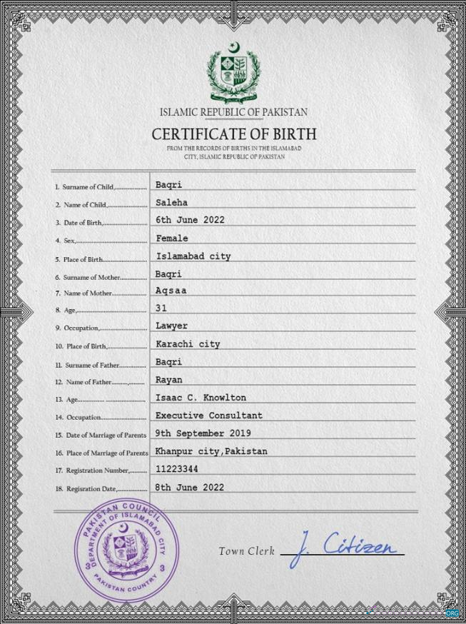 Download Pakistan vital record birth certificate PSD template Photoshop template